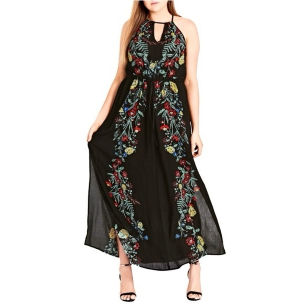 City Chic Black Halter Maxi Dress with Multicolor Floral Embroidery
